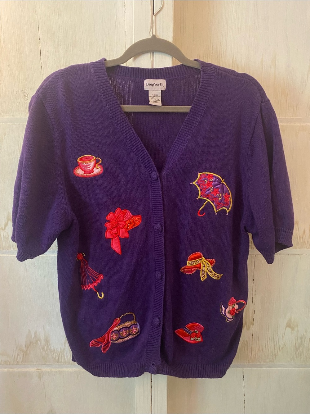 BonWorth Purple Short-Sleeve Embroidered Button Cardigan Large Vtg